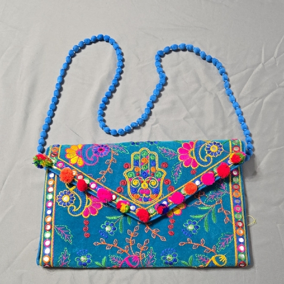 Swadeshi Desire Handbags - Swadeshi Desire Colorful Embroidered Clutch with Blue Accents